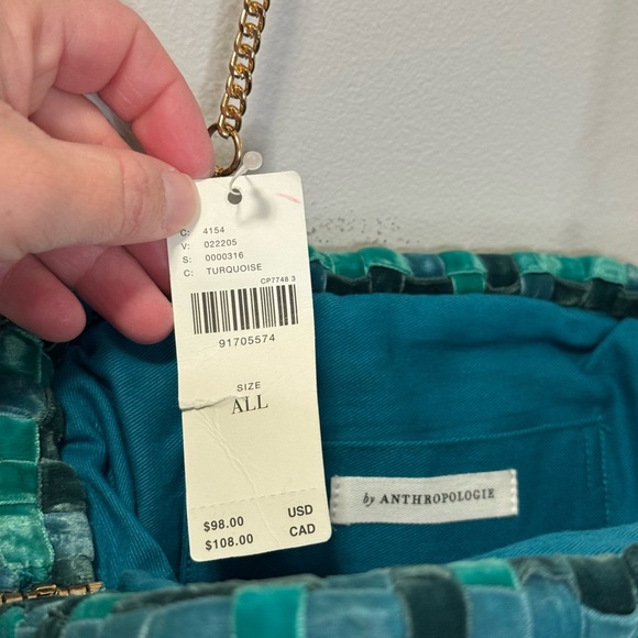 Anthropologie Velvet Woven Clutch Turquoise/Green  with Gold Chain - Picture 6 of 9